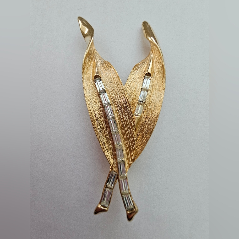 Vintage PAGO MCM Brushed Gold Leaf Brooch, Clear Baguette Rhinestones, Rare